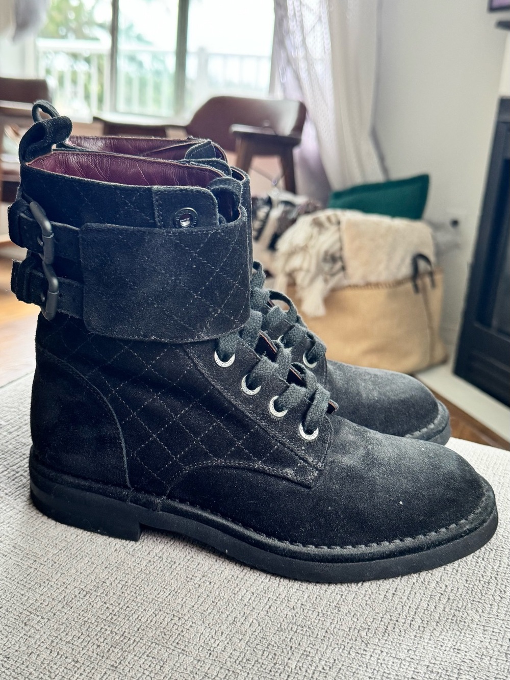 CHANEL Black Suede Quilted Lace-Up Combat Boots